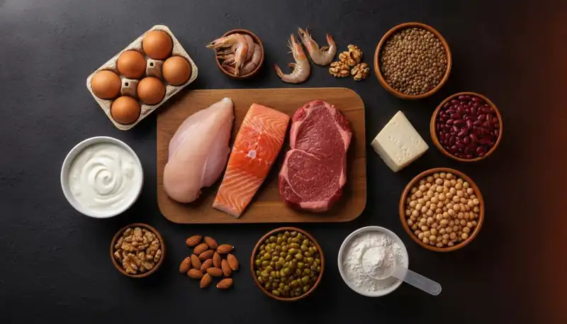 Principais fontes de proteína: frango, salmão, carne, ovos, iogurte, leguminosas e whey