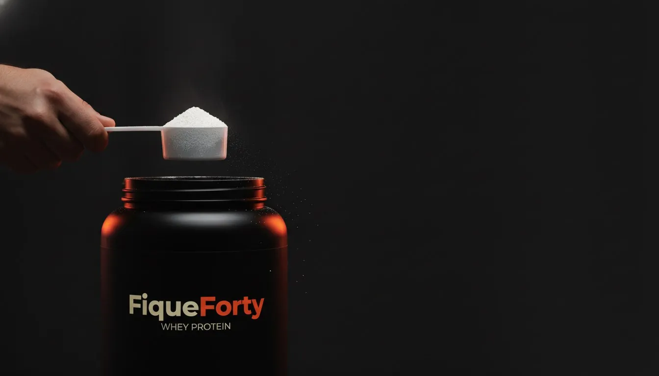 Mão retirando um scoop de whey protein do pote para calcular a proteína diária (imagem ilustrativa gerada por IA)