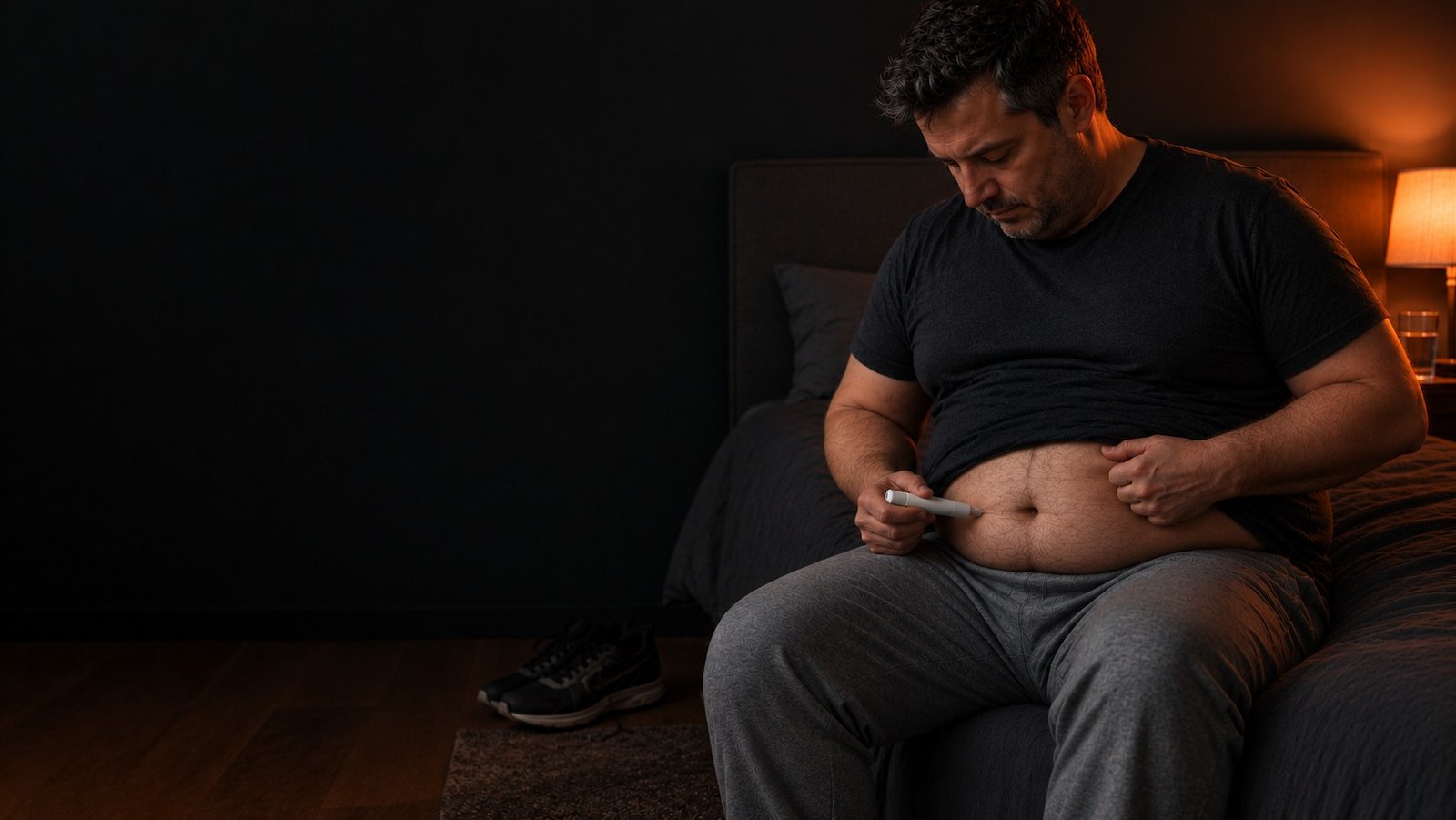 Homem de meia-idade com barriga aparente aplicando uma caneta injetora no abdômen, sentado na beira da cama (imagem ilustrativa gerada por IA)